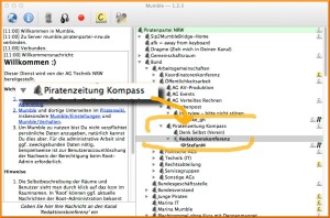 Mumble in der Mac-Desktop-Version. Orange markiert ist der Raum AG Piratenzeitung, darin die zwei Unterräume "Denk Selbst" (unser Verein) und "Redaktionskonferenz".