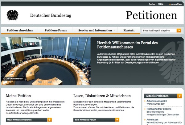 Auf https://epetitionen.bundestag.de/ können Petitionen an den deutschen Bundestag eingereicht werden.